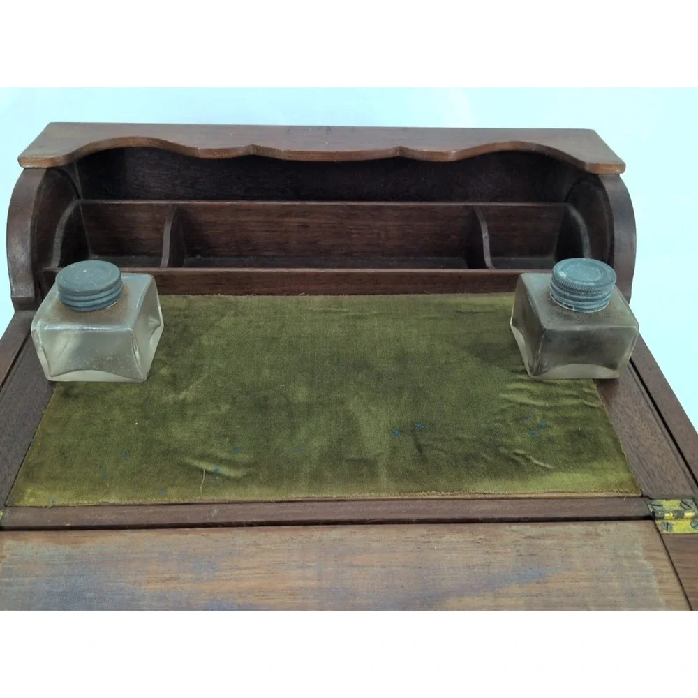 Antique Travel Desk Lap Writing Box Tambour Rolltop With Key And Glass Inkwell